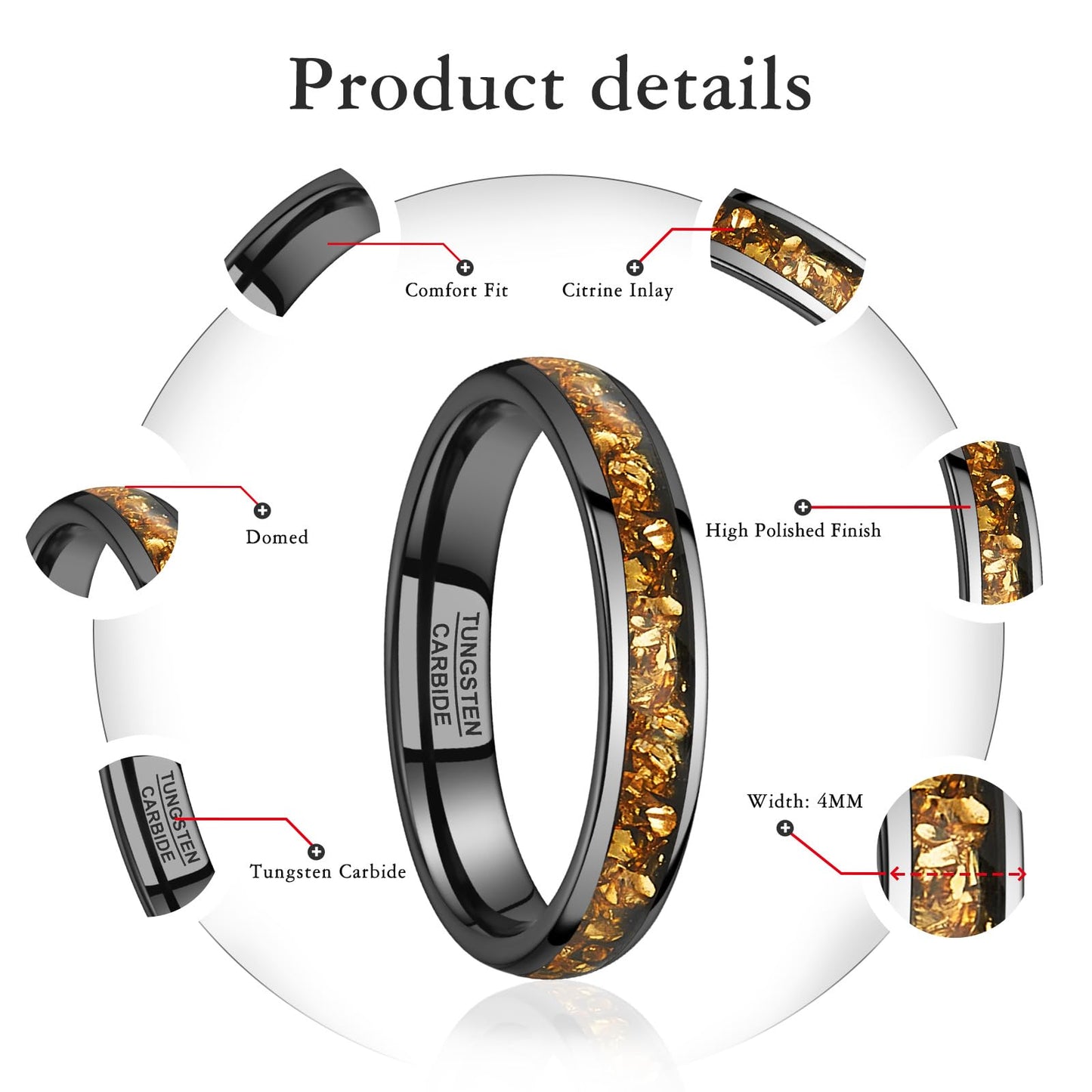 NUNCAD Women's Tungsten Rings 4mm Black Wedding Band Inlaid with Citrine Center Polished Domed Comfort Fit Size 9