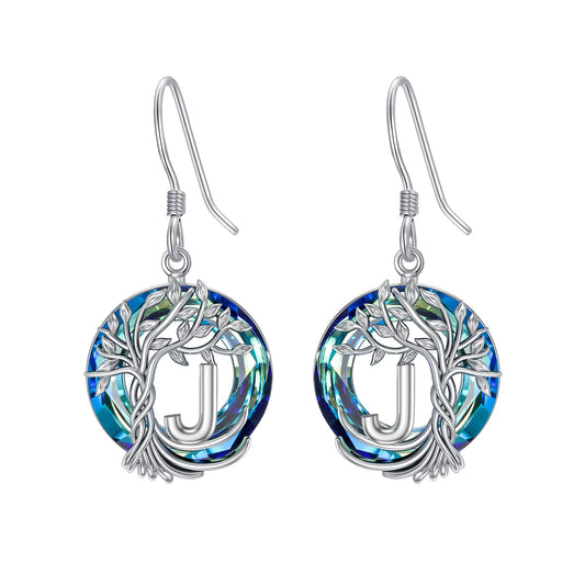 TOUPOP Tree of Life Initial Earrings Sterling Silver Initial J Letter Drop Dangle Earrings Blue Circle Crystal Family Tree Jewelry Birthday Mothers Day Gifts for Women Mom Her