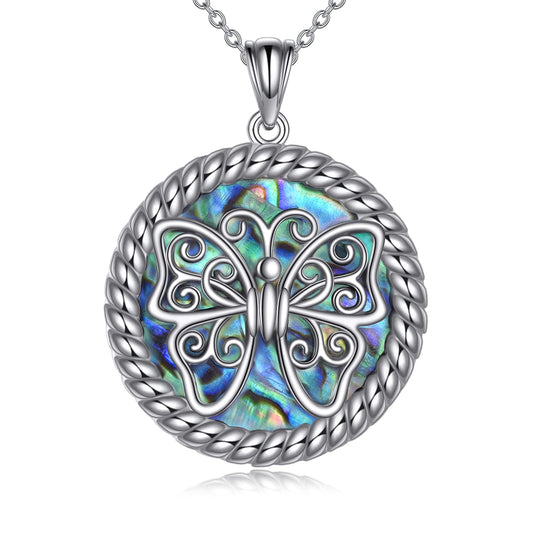 KQF Butterfly Necklace 925 Sterling Silver Filigree Butterfly Pendant Abalone Shell Jewelry Gift for Women Mom Daughter