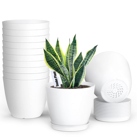 SwinDuck Plant Pots, 12 Pack 6 inch Modern Plastic Planters with Drainage Holes and Saucers for Indoor Outdoor Plants and Flowers, White