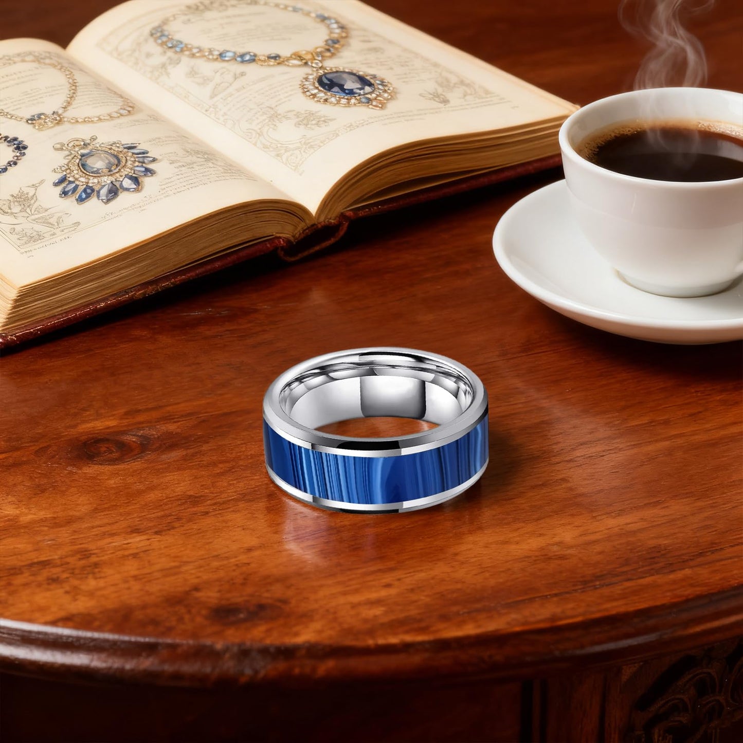 HJIMMNHONG New Carbon Fiber Fashion Rings Double Beveled Edge Delicate Polished Simple Stainless Steel Mens and Women Rings,8mm,Size Available (Peacock Blue, 8)