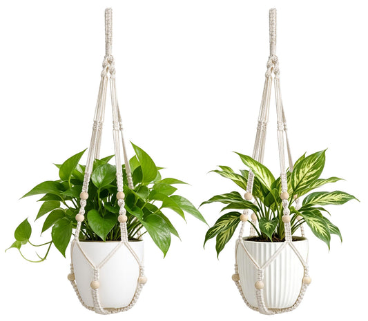 Mkono 2 Pack Macrame Plant Hanger Indoor Hanging Planter Basket with Wood Beads Decorative Flower Pot Holder No Tassels for Indoor Outdoor Boho Home Decor 29 Inch (POTS NOT Included)