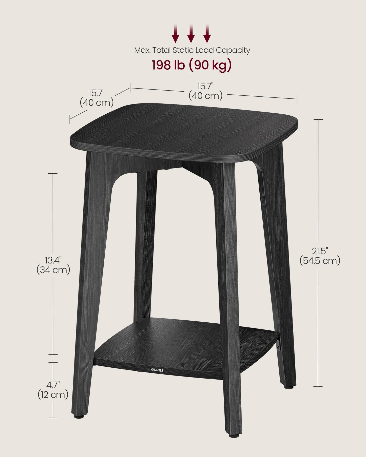 VASAGLE MAEZO Collection - Side Table, 2-Tier Small Square End Table, Nightstand with Tapered Legs, Curved Transitions, for Small Spaces, Living Room, Bedroom, Charcoal Gray ULET236B01