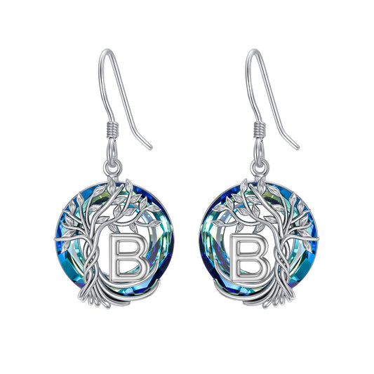 TOUPOP Tree of Life Initial Earrings Sterling Silver Initial B Letter Drop Dangle Earrings Blue Circle Crystal Family Tree Jewelry Birthday Mothers Day Gifts for Women Mom Her