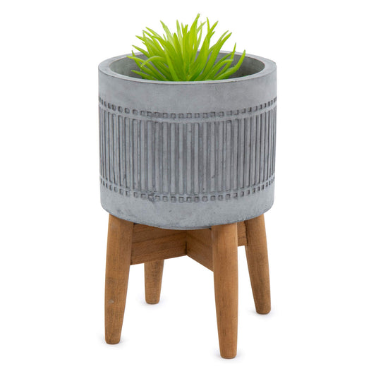 Truu Design Concrete Planter Pot with Wooden Stand, 5 x 8 inches, Grey