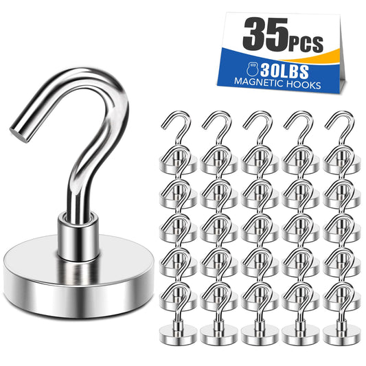 MIKEDE Black Magnetic Hooks 30LB Heavy Duty Magnet Hooks for Cruise Cabins Strong Magnets Neodymium with Hooks for Outdoor Hanging Brackets Refrigerator Locker Decoration Workplace -35Pack