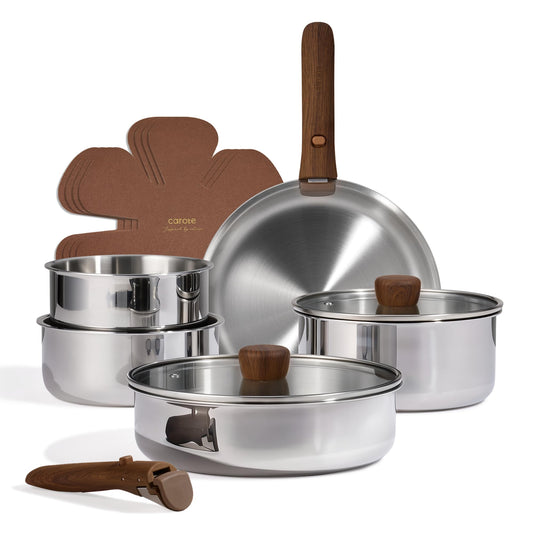 CAROTE 13pcs Tri-Ply Stainless Steel Cookware Set with Detachable Handle, Pots and Pans Set, Induction Kitchen Cooking Sets, RV/Camping Cookware, Oven Safe, Woodgrain Style