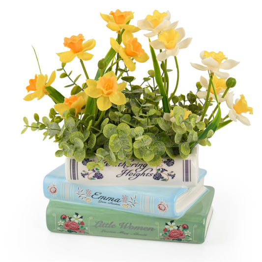 HEBYJO Ceramic Book Shaped Planter with Drainage Hole, Unique Flower Pot, Literary Vase Bookshelf Decor, Gift for Book Lovers, Multifunctional Storage Box