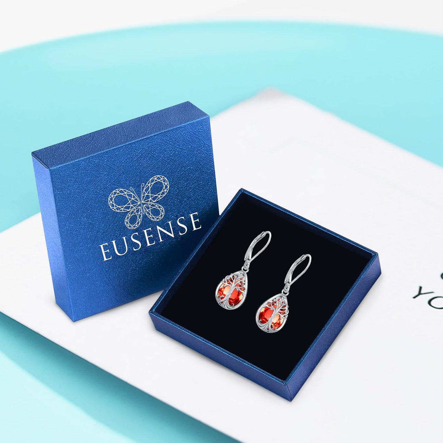 Eusense Sterling Silver Tree of Life Earrings with Ruby Red July Birthstone Jewelry Teardrop Dangle Leverback Earrings Tree of Life Jewelry Gift for Women