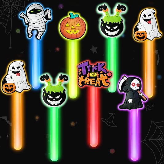 Ertyjikg 24 Pack Halloween Glow Sticks with Cards Halloween Glow Bright Night Gift Pumpkin Ghost Glow Sticks for Hall oween Night Prize Supplies (Multicolor)