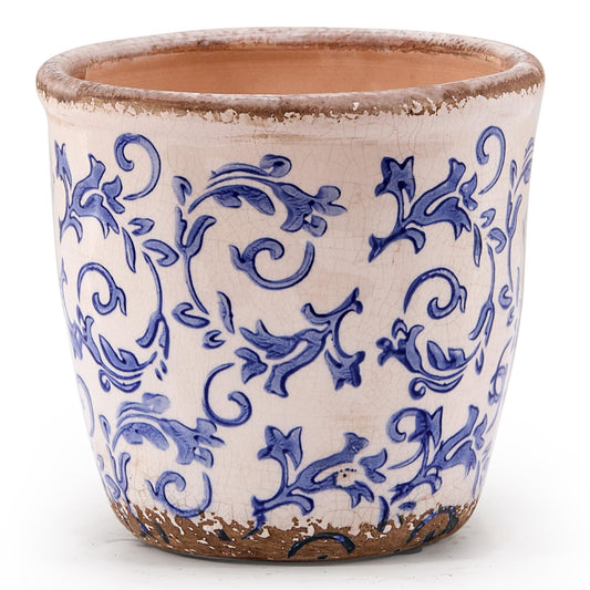 Vintage Ceramic Planter with Drainage Hole, Plastic Tray & Mesh, 5.5 Inch - Indoor/Outdoor Flower Pot, Blue Floral Rustic Farmhouse Design Plant pot for Home, Office & Garden Décor, Ideal Gift