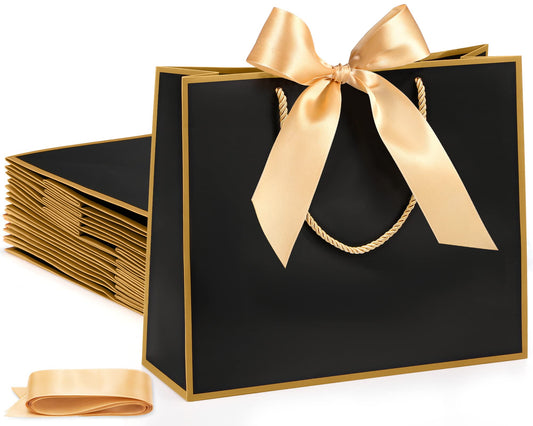 Silkfly 12 Pcs Thank You Gift Bags with Handle 12x10x4'' Welcome Elegant Gifts Bag with Bow Ribbon for Mother's Day Wedding Graduation Bridesmaid Baby Shower Birthday Housewarming (Black)