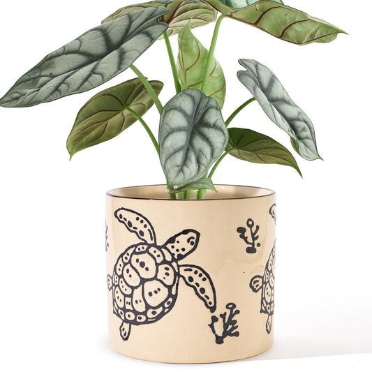 5 Inch Ceramic Plant Pots with Drainage Holes, Small Round Flower Pots for Indoor Plant, Unique Animal Flower Planters (Sea Turtle)