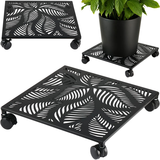 1-Pack 12 Inches Square Metal Plant Caddy with Wheels Heavy Duty Large Rolling Plant Stand Indoor Outdoor Wheeled Planter Dolly Cart with Lockable Casters Flower Pot Mover Roller Trolley, Black