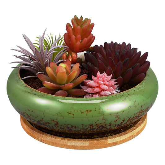 Kisangel Succulent Planters Ceramic Lotus Bowl 7.08 Inch with Drainage Hole and Tray Indoor Bonsai Pot for Cactus and Flower Plant Container Home Garden Decor