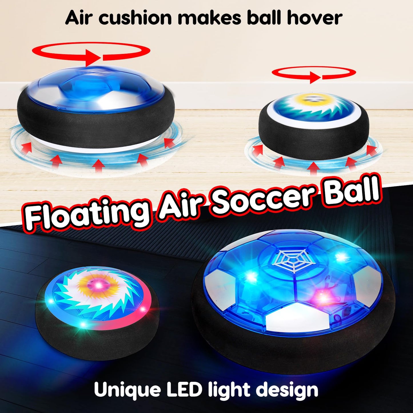 Qirptey 3 in 1 Hover Soccer Ball Toddler Hockey Set with LED Lights Indoor Toys for Kids Soccer Gift for Boys 6-8 8-12 Kids Sports Soccer Games 3 4 5 6 7 8 Year Old Boy Age 4-8 Birthday Gift