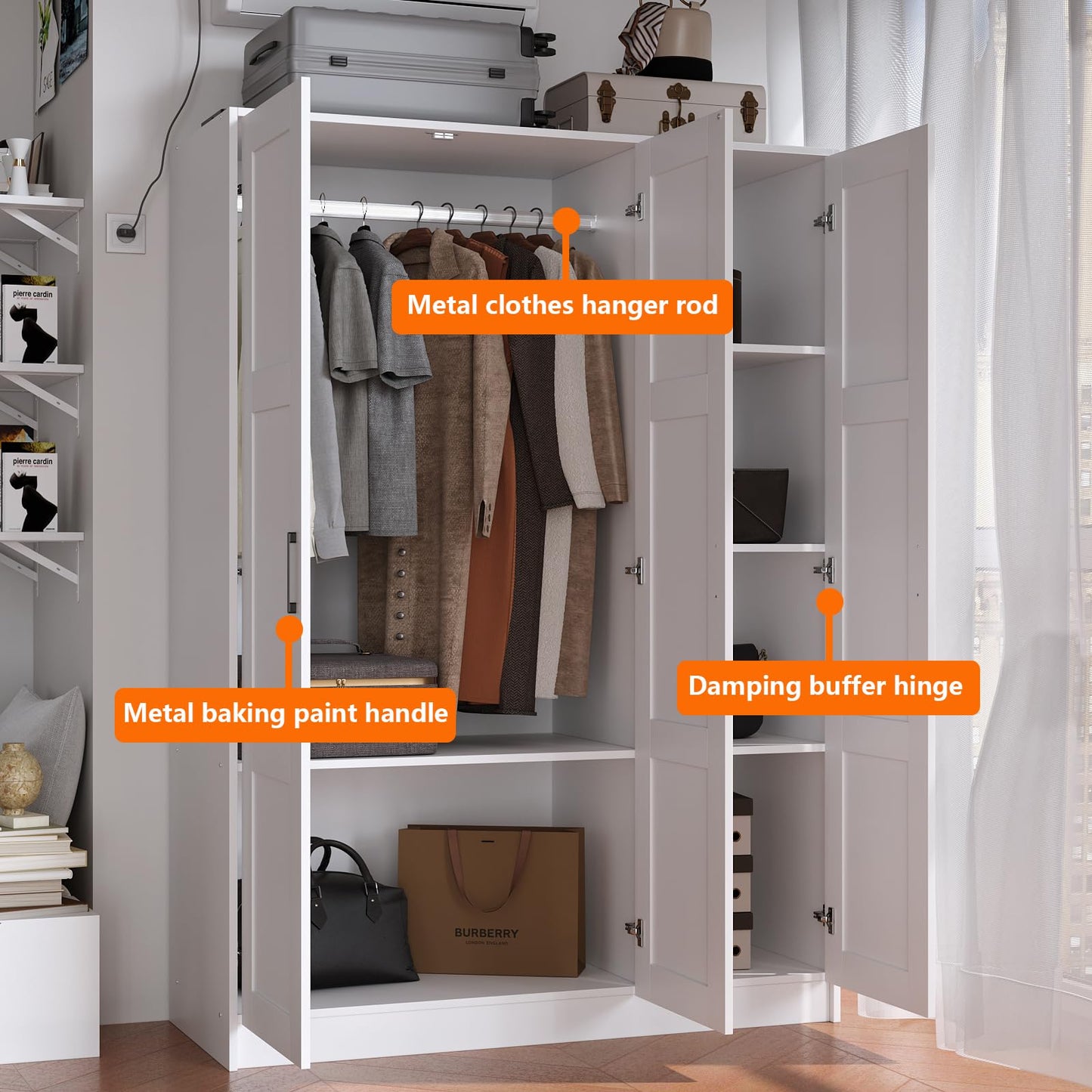 3 Doors Wooden Wardrobe Closet Armoire, White Storage Cabinet for Hanging Clothes, Bedroom Large Capacity Freestanding Armoire,Wood Wardrobe Combination with Shelves