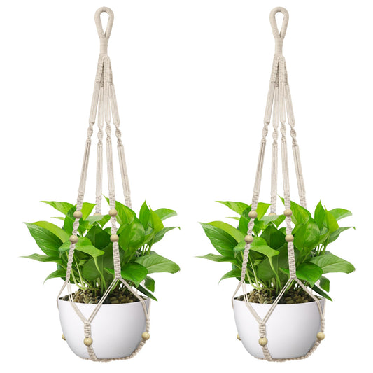 USLAI Macrame Plant Hanger Indoor Outdoor, Fits 4 to 15 Inch Pots, Strong Hanging Planter Holder, Boho Home Decor, 35 Inch, Ivory, Set of 2 (POTS NOT Included)
