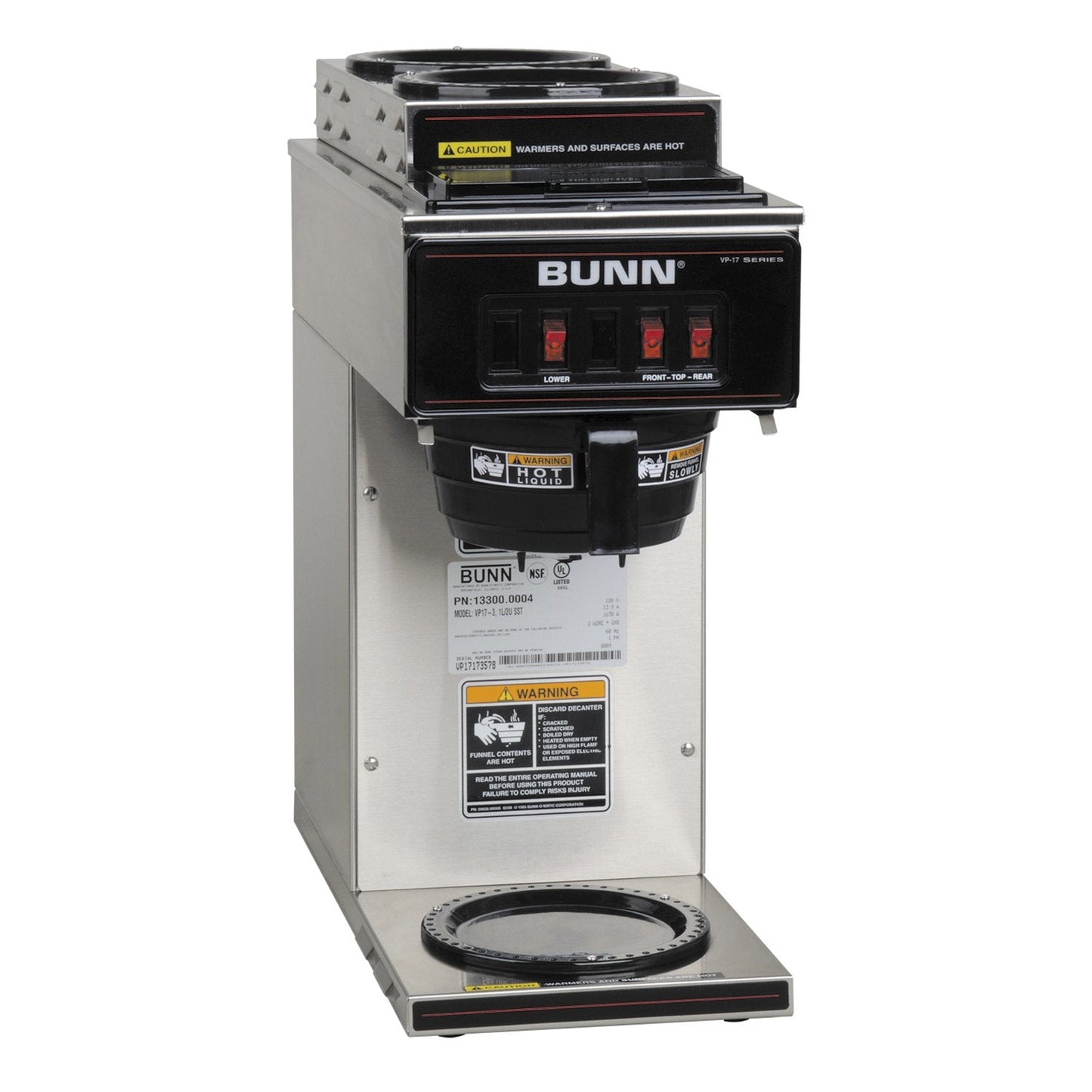 BUNN 13300.0004 VP17-3SS2U Pourover Commercial Coffee Brewer with One Lower and Two Upper Warmers, Stainless Steel