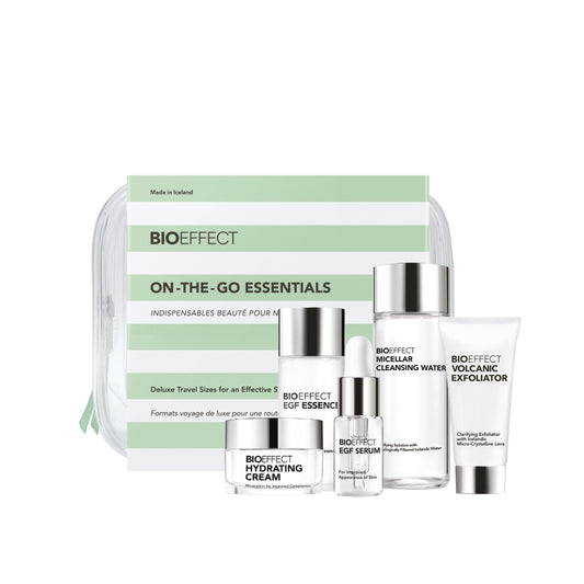 BIOEFFECT On-the-Go EGF Skincare Set | Age-Defying TRAVEL KIT with Growth Factor Serum, Hydrating Cream, Essence Toner, Micellar Cleanser & Volcanic Exfoliator
