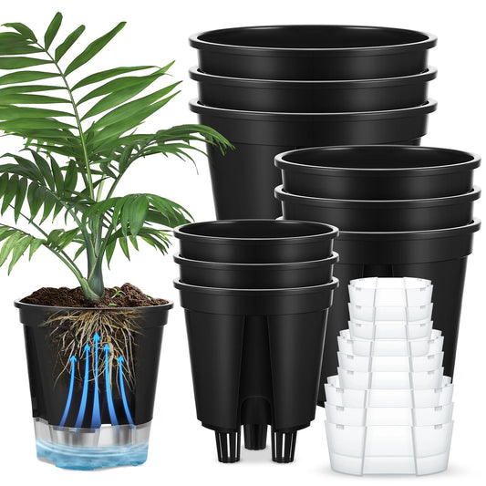 Wonderjune Self Watering Pots for Indoor Plants with Deep Reservoir and High Drainage Holes for Outdoor Plants and Flowers, Bare Root Planter(4.72'', 5.91'', 7.09'',Black,9 Pcs)