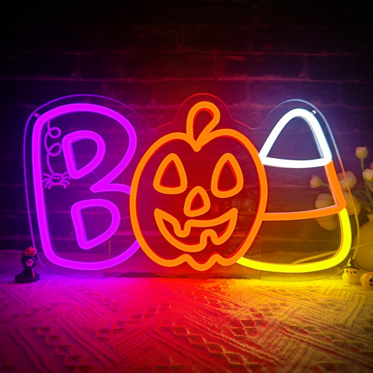 kzjspn Halloween Neon Sign for Wall Decor BOO Led Sign Dimmable Pumpkin Neon Light Up Sign for Window Candy Corn Neon Sign Bar Horror Halloween Party Man Cave Game Room