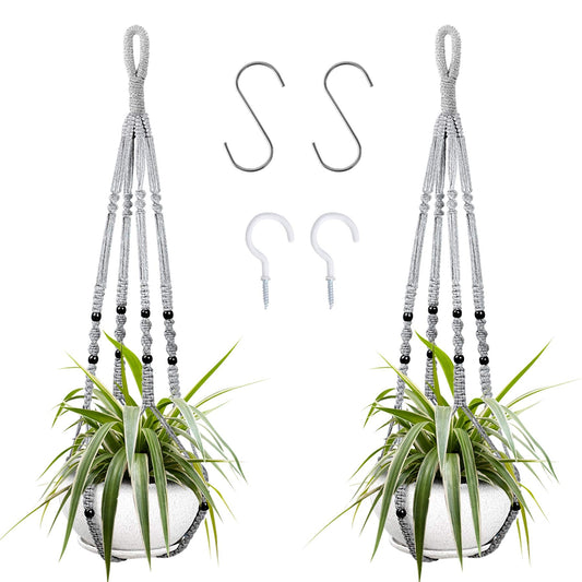 Augshy 2 Packs Macrame Hanging Planter, Indoor Hanging Planter Basket with Wood Beads Decorative Macrame Pot Hanger for Home Decor (Grey)