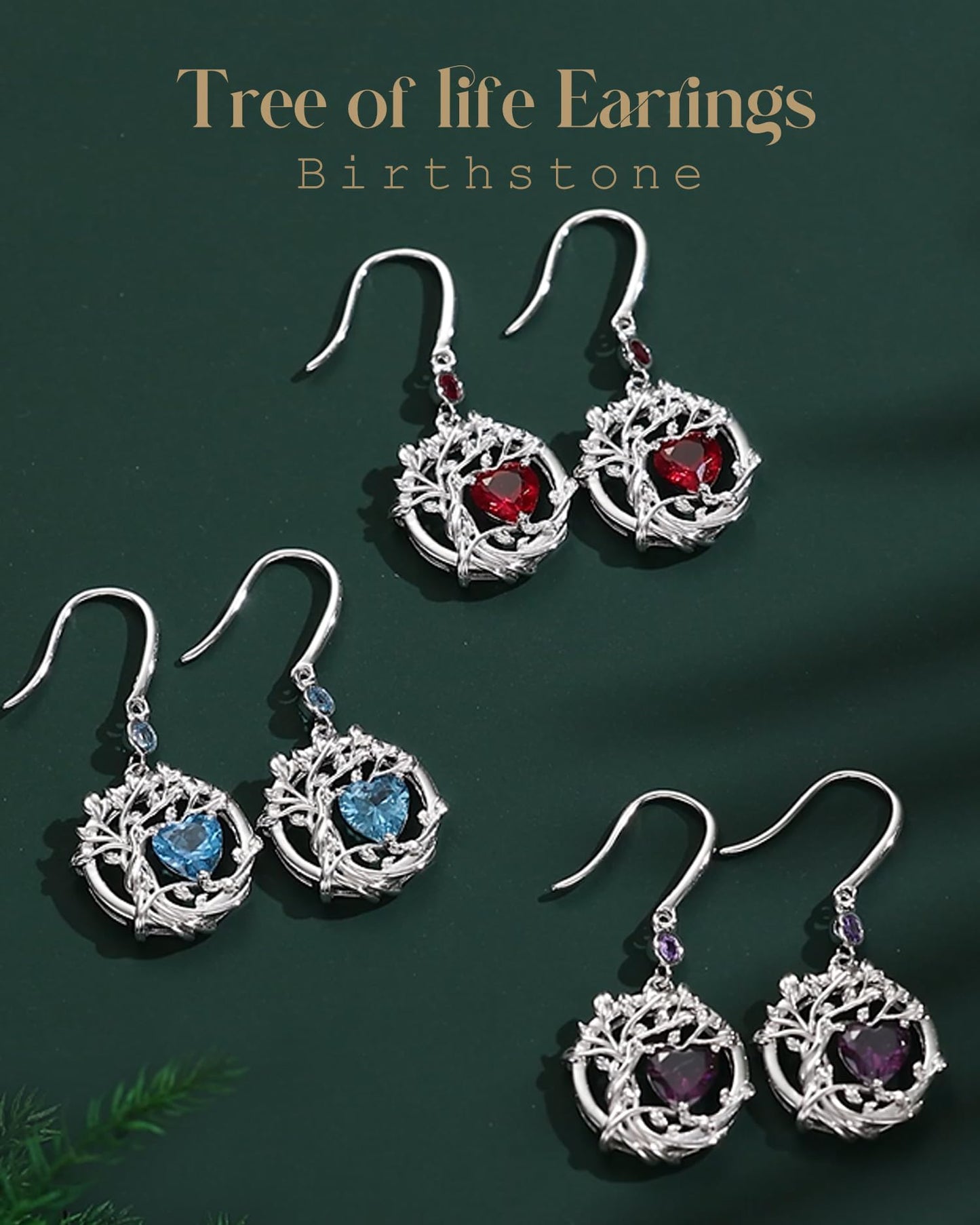 FANCIME Tree of Life Earrings 925 Sterling Silver Dainty Red Ruby Dangle Drop Gemstone Earring July Birthstone Fine Jewelry Birthday Mothers Day Gifts for Mom Her Women