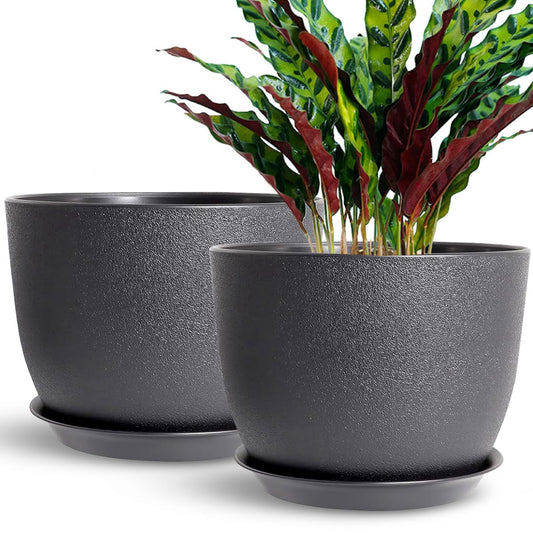 SE SUN-E 12 Inch 2 Pack Outdoor Flower Pots, Planting Pots with Saucers, Garden House Plants Planters with Drainage Hole Plant Pots Indoor Plants Black Color Plastic