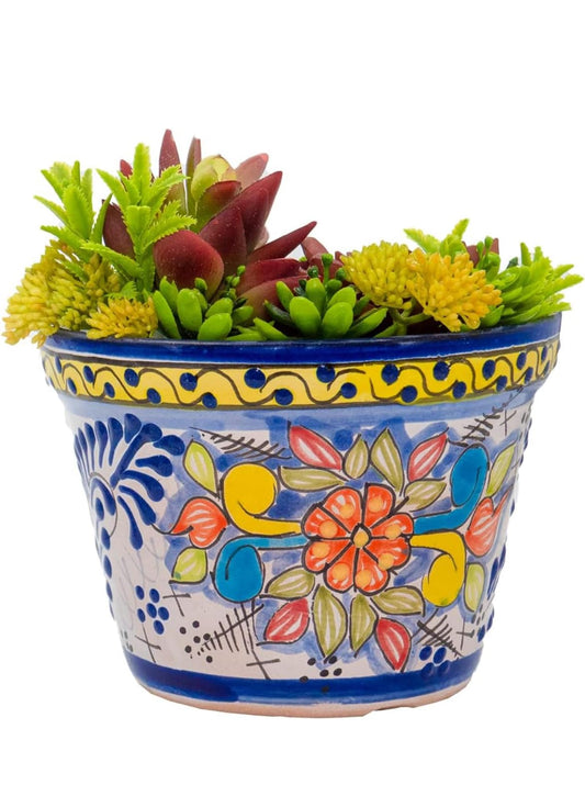 Fiesta Brands Talavera Mexican Pottery Planters Large Cobalt Yellow Talavera Succulent Planter (6.5 in Diam x 5.5 in Tall)
