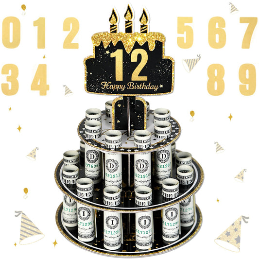 Crafterlife Birthday Cash Cake for Birthday Gifts, Money Holder Stand Ideas for Give Cash Gift, Surprise Personalized Money Box with 0-9stickers Variable Age for Her Him Birthdays Party Decorations