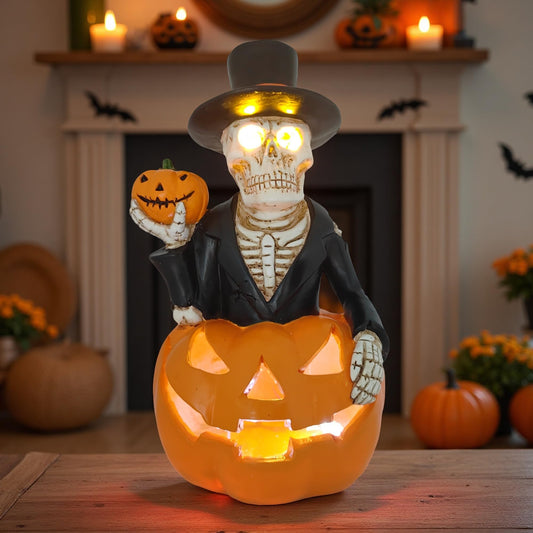 Solar Outdoor Decorations Wizard Skeleton with Pumpkin Figurine Lights, Fall Pumpkin Garden Decor for Yard Patio Porch, LED Skull Gothic Party Accessories, Home Gift for Mardi Gras Shrove Tuesday