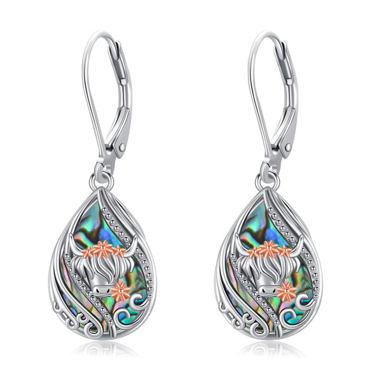 YYmqmq Highland Cow Earrings 925 Sterling Silver Abalone Cow Dangle Earrings Leverback Highland Cow Jewelry Scotland Gifts for Women Girlfriend