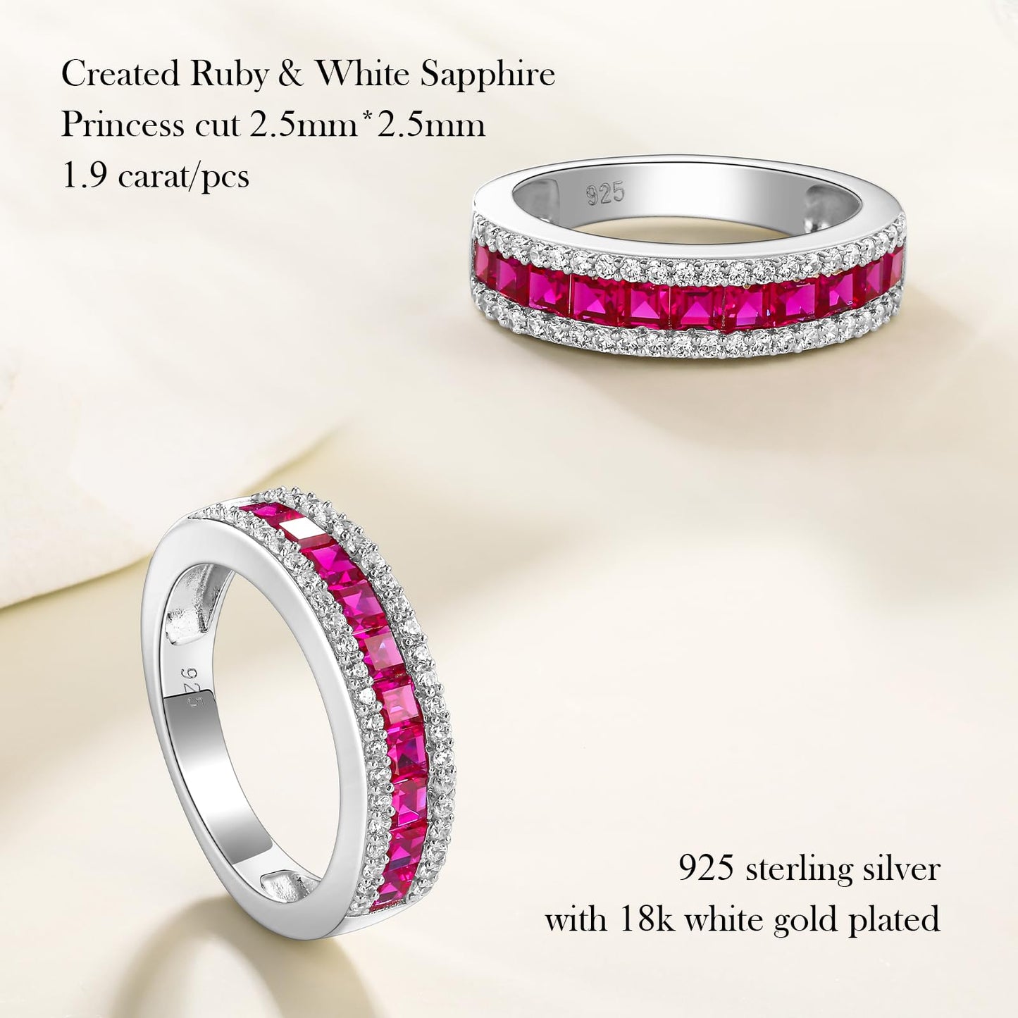 RANDES Red Ruby Eternity Band Rings for Women 925 Sterling Silver Channel Set Princess Cut Engagement Ring Wedding Band Size 6.5