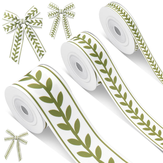 Cunno 3 Rolls Leaf Ribbon Decorating Material White Green Jacquard Ribbon Party Accessory for Curtain Home Decor Sewing DIY Gift Wrapping Crafts, 0.4, 0.87, 1.5 Inch Wide, 15 Yard