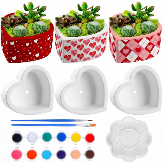 Beeveer 6 Pcs DIY Craft Kits Make Your Own Ceramic Succulent Planters Paintable Heart Shaped Decoration, and Ceramic Succulent Planters Kit for Mother's Day from Daughter Son