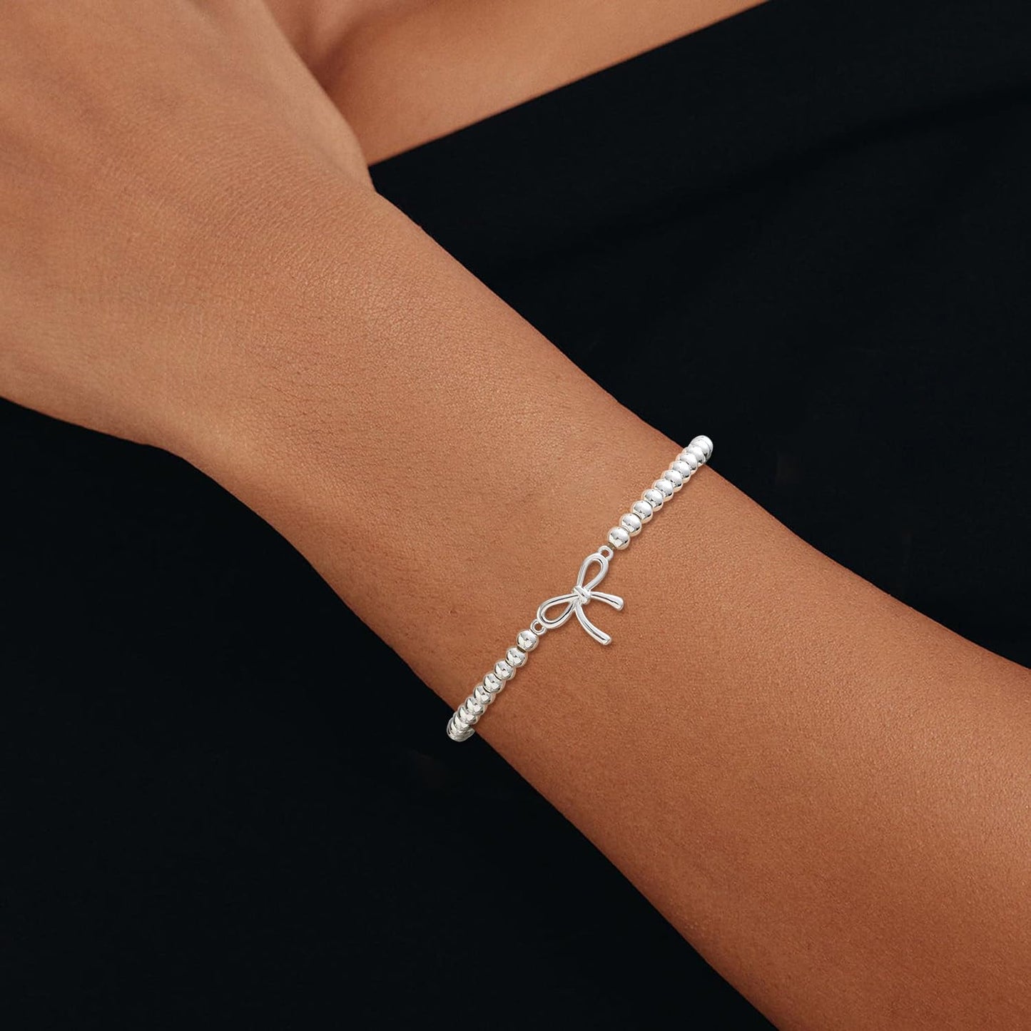 Beaded Bracelets for Women 14K Silver Gold Plated Stretch Handmade Ball Bracelets Cute Charm Bracelet Dainty Stackable Cross Heart Bow Wave CZ Circle Trendy Jewelry Easter Gifts (bow-silver)