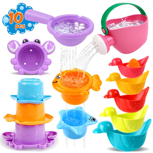 10 Pcs Bath Toys for Kids Ages 1-3, Bathtub & Pool Water Toys for Toddlers 1-3 & Babies 12-18 Months, Water Table Accessories with Floating Ducks, Stacking Cups & Pouring Fun for Boys Girls