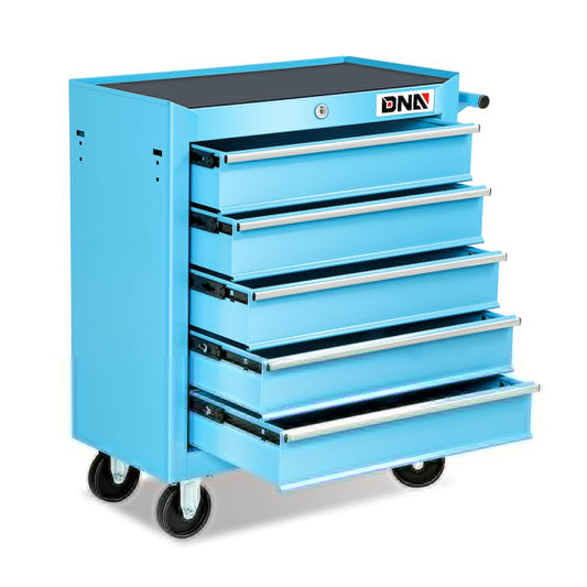 DNA Motoring 5-Drawer Plastic Top Rolling Tool Cabinet with Keyed Locking System,13" D x 24.5" W x 30.3" H, Blue, TOOLS-00485