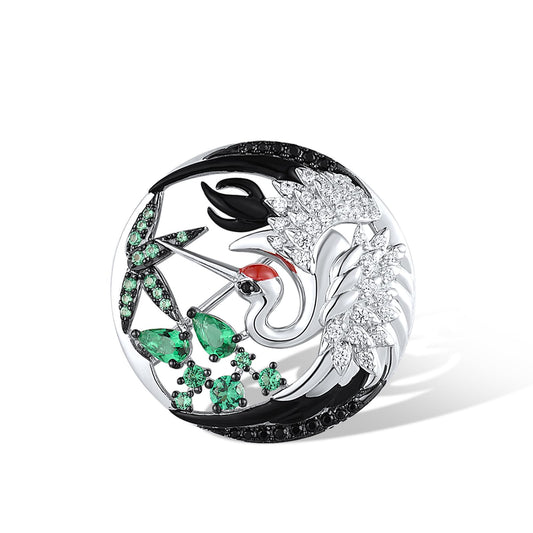 Santuzza 925 Sterling Silver Enamel Flying Red Crowned Crane Brooch Green Glass Cubic Zirconia Bird Brooch for Women