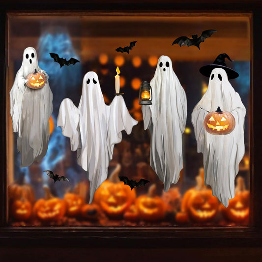 JarThenaAMCS Extra Large Halloween Ghost Window Clings Black Bat Watercolor Window Stickers Double-Sided Glass Decals for Home Classroom Office Party Decoration, 4 Sheets