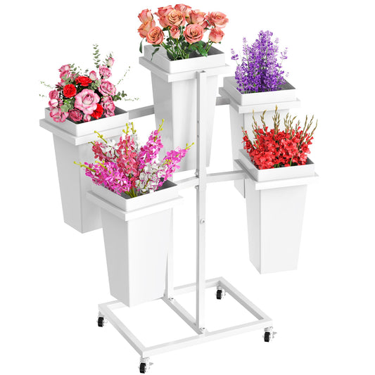 Asee'm Flower Display Stand with 5 Square Buckets Multi-tiered Metal White Flower Cart Stand with Wheels Moving Plant Stand Bar Shelf Flower Holder for Indoor Outdoor Patio Garden Florist Wedding