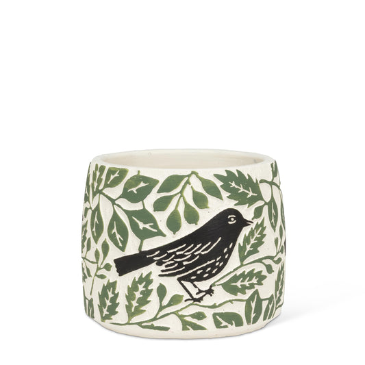 Abbott Collection Small Crow & Leaves Planter - Cement, Black/Green (4.5" D Opening)