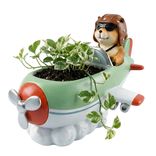 KREATIA Groundhog Pilot Airplane Planter with Drainage Hole, Resin Decorative Plant Pot for Succulents, Air Plants or Faux Greenery, Desk Shelf Windowsill Home Office Decor, 8.8 Inch