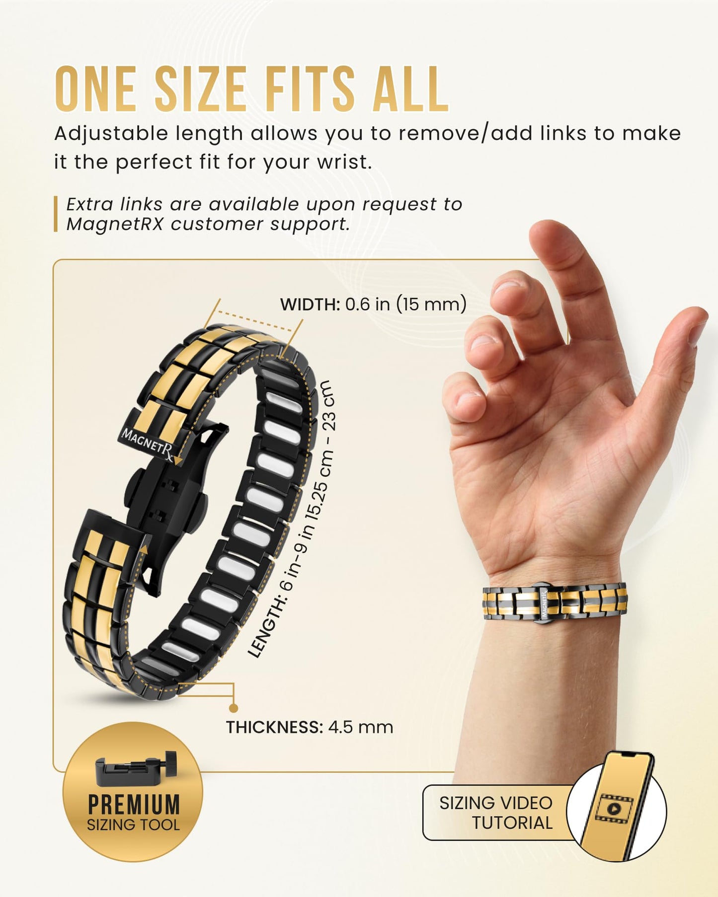 MagnetRX® Magnetic Bracelets for Men - EllipseMAX 5X Strength 5,000 Gauss Magnets - Designed in USA & Patent Pending - Premium Titanium Mens Magnetic Bracelet & Adjustable Length (Black/Gold)