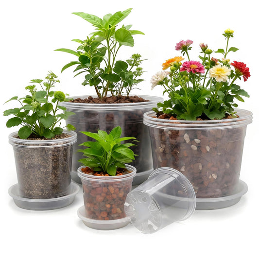 GUGEMEI 10/8/6/4 Inch Clear Nursery Pots with Drainage Holes and Saucers, 12 Pack Large Clear Pots for Plants Variety Pack, Plastic Nursery Pots for Succulents, Seedings, Herbs, Flowers, Vegetables