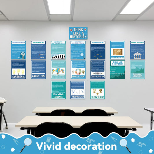 18 Pcs History Posters Classroom Decorations Social Studies Bulletin Board School Supplies Think Like A Historian Wall Art Prints for Middle School High School Office Home Classroom Supplies