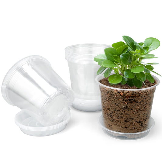 FUOAUYK 4 Inch Clear Nursery Pots with Drainage Trays, 15 Pack Plastic Pots for Plants, Clear Pot for Seed Starting, Transplanting, Succulents, and Indoor Gardening (4 inch)