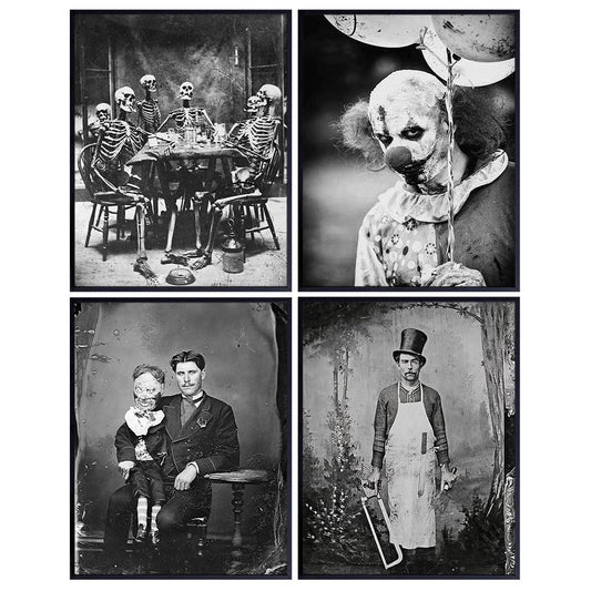Creepy Gothic Wall Decor - Scary Horror poster Set - Weird Goth Room Decor - Pagan Gifts - Spooky Home Artwork for Men Boys - Creepy Clown, Scary Clown Decorations - Skeleton Wall Art Pictures