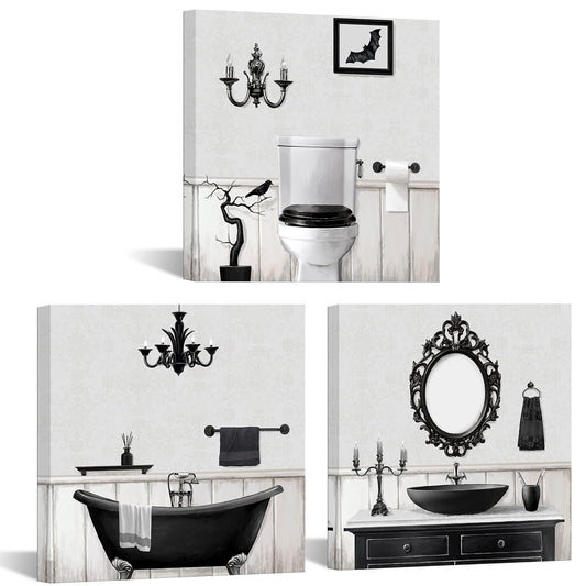 Visual Art Decor Gothic Bathroom Decor Goth Bathroom Wall Art Framed Ready to Hang 12x12inchx3Pieces (Grey)